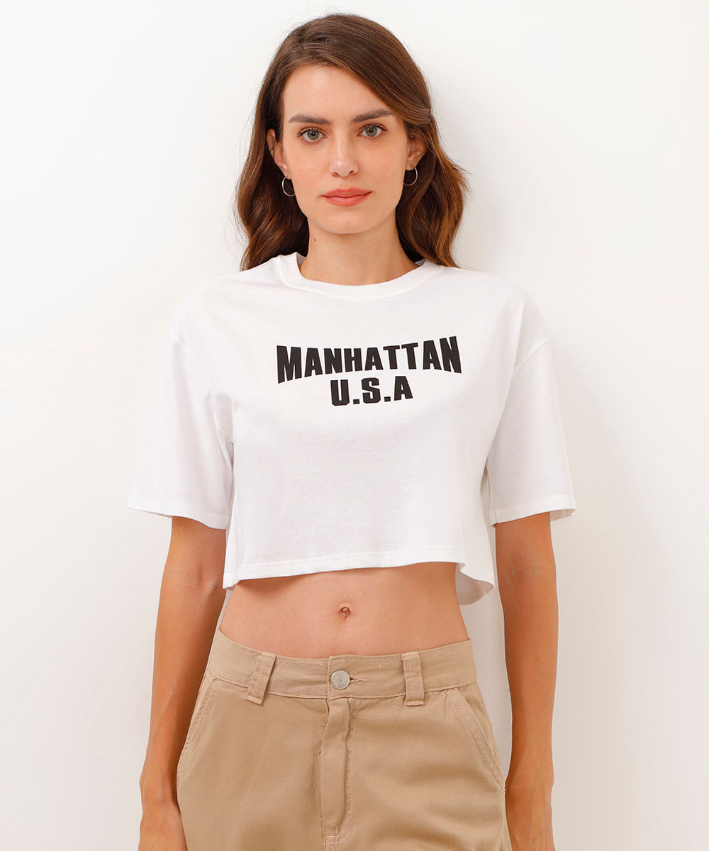 camiseta de algodão cropped manhattan off white