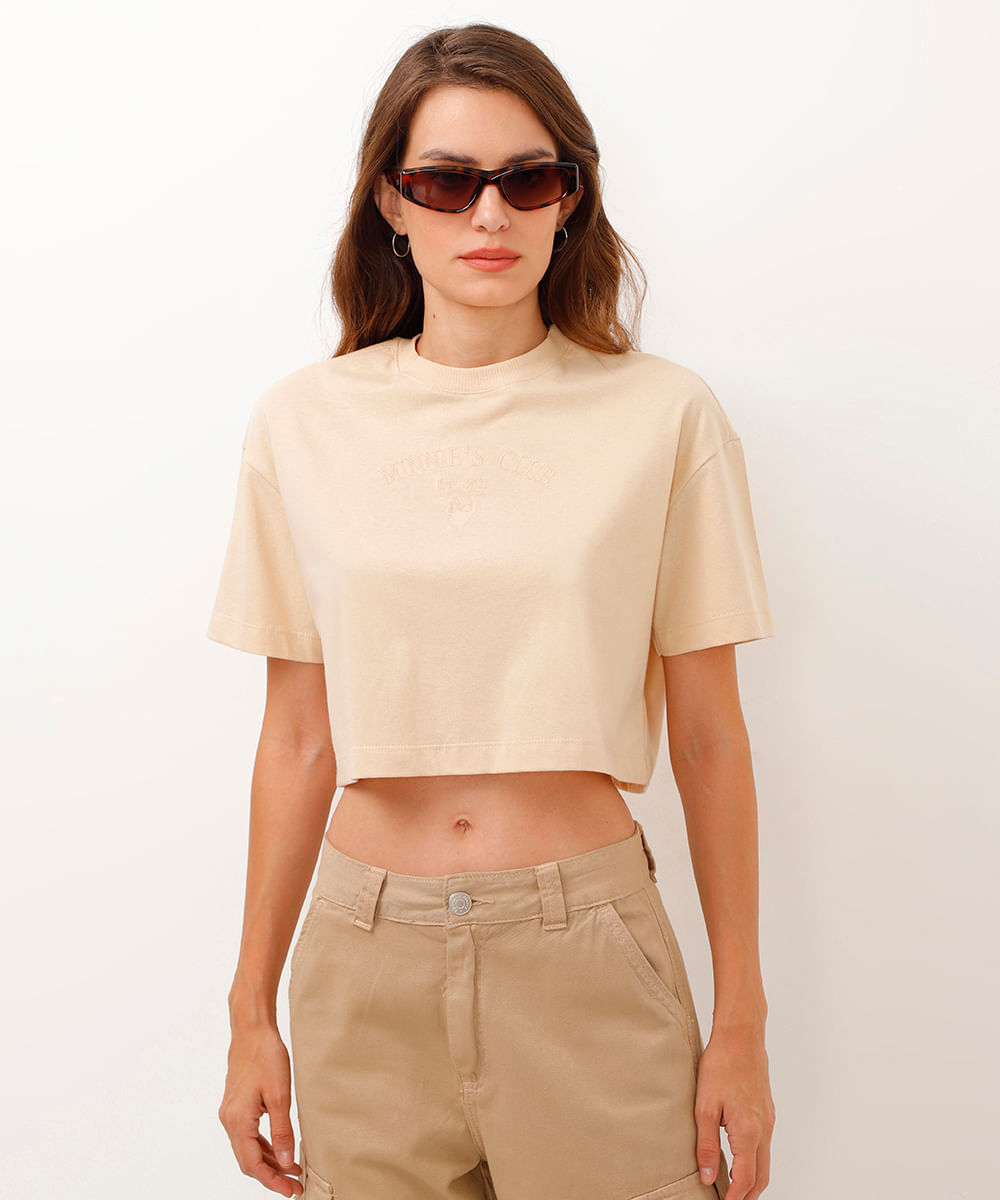 camiseta de algodão cropped minnie bege
