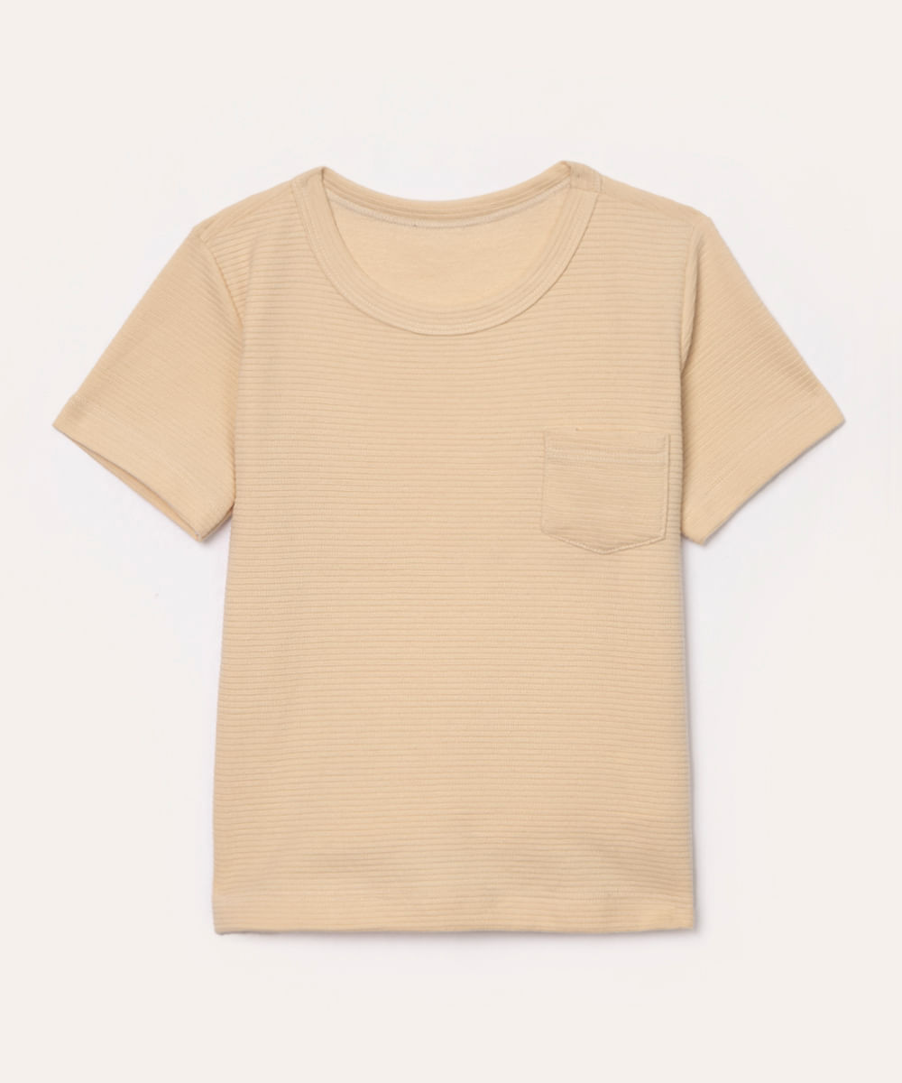 camiseta infantil texturizada com bolso manga curta bege