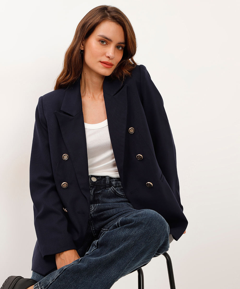 blazer de alfaiataria manga longa azul marinho
