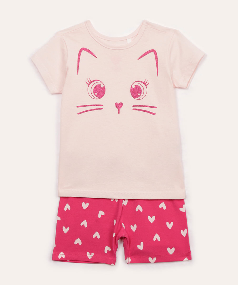 conjunto de algodão infantil gatinha e corações rosa