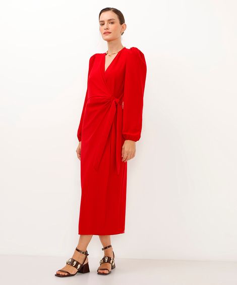 vestido midi transpassado manga bufante vermelho
