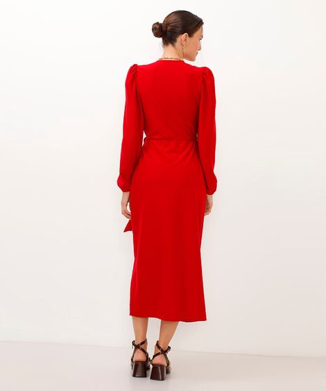 vestido midi transpassado manga bufante vermelho