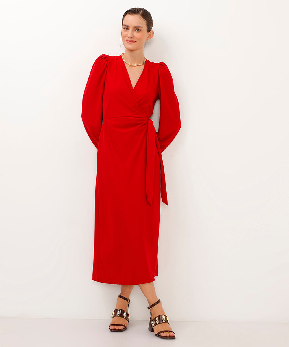 vestido midi transpassado manga bufante vermelho