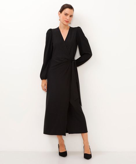 vestido midi transpassado manga bufante preto