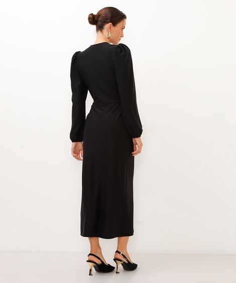 vestido midi transpassado manga bufante preto