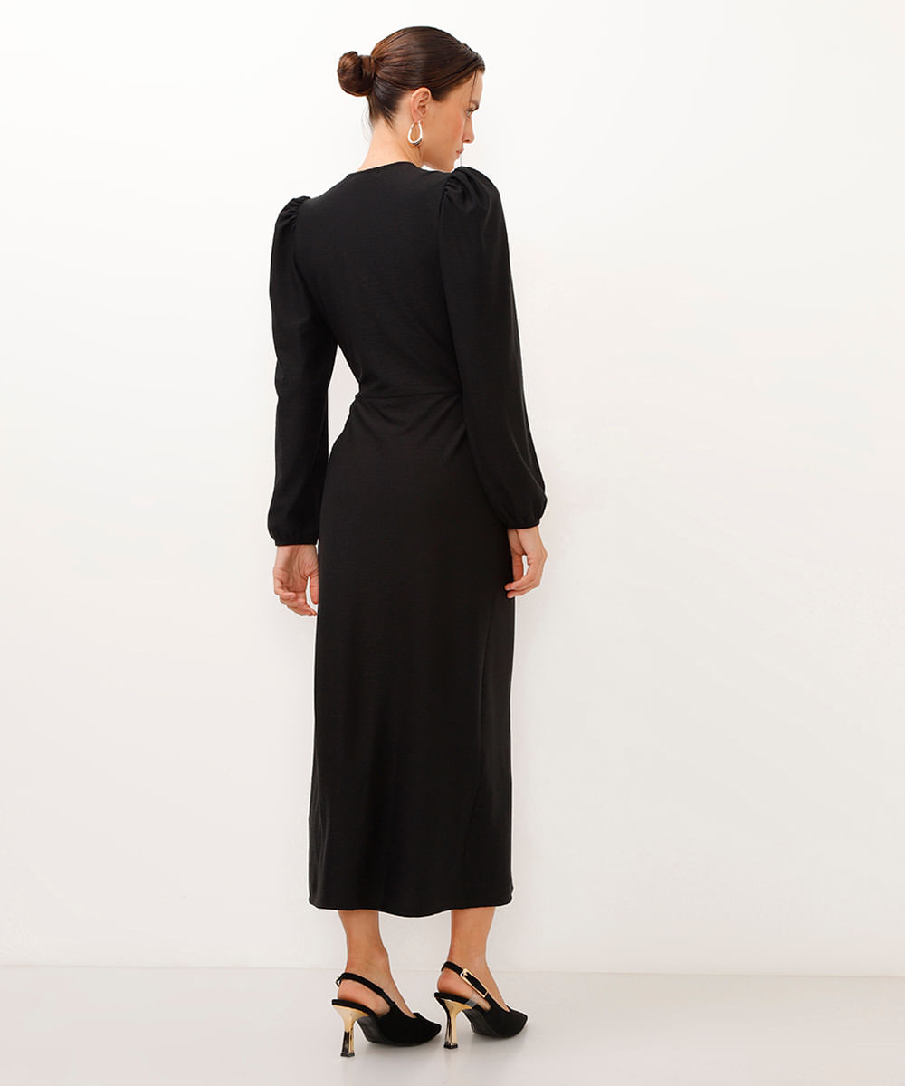 vestido midi transpassado manga bufante preto