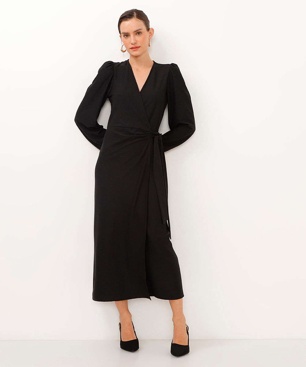 vestido midi transpassado manga bufante preto