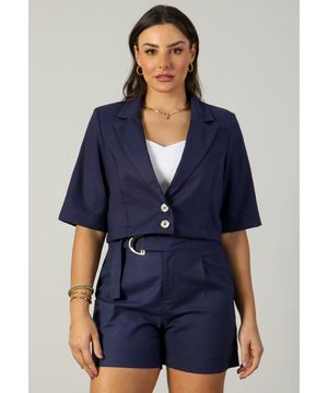 Blazer Cropped em Linho Azul Marinho