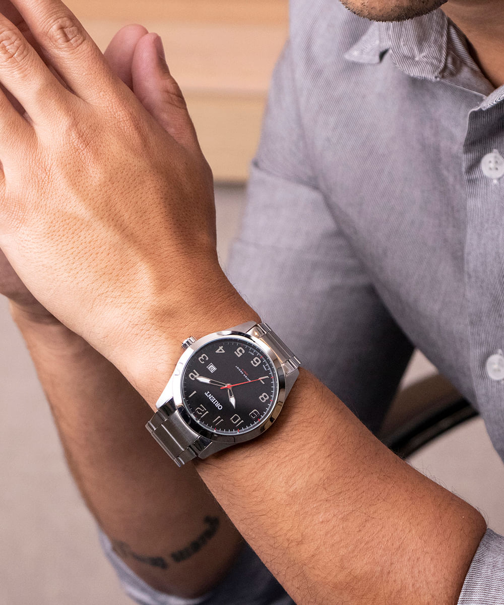 relógio masculino orient analógico calendário mbss1360 p2sx prateado