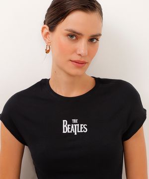 camiseta de algodão cropped canelado the beatles preta