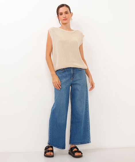 calça jeans wide leg cropped cintura super alta azul
