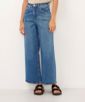 calça jeans wide leg cropped cintura super alta azul