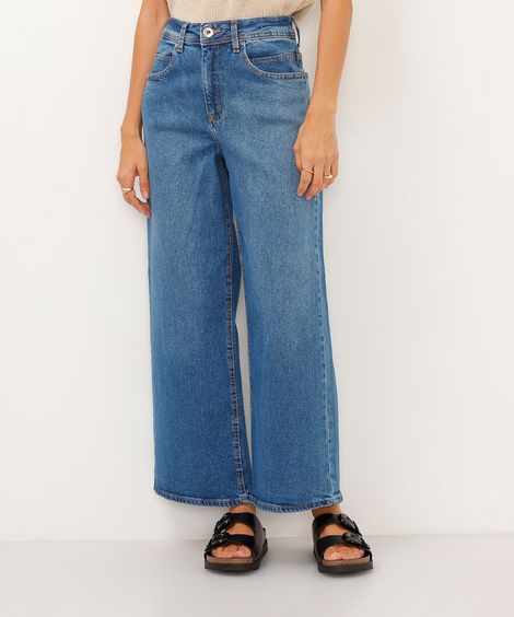 calça jeans wide leg cropped cintura super alta azul