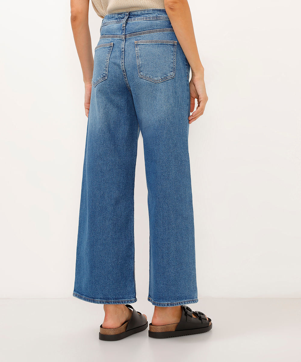 calça jeans wide leg cropped cintura super alta azul