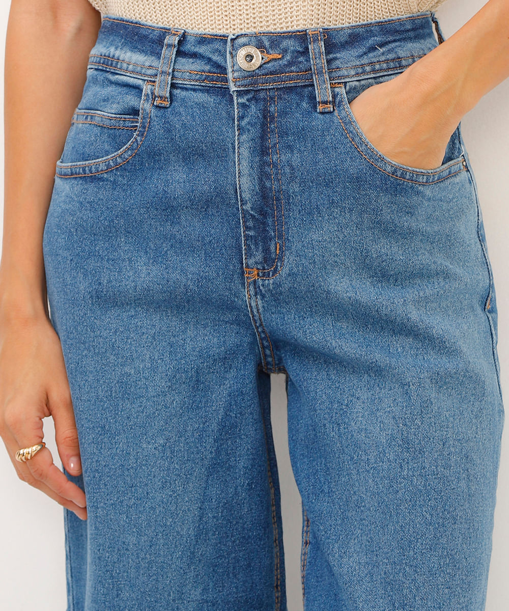 calça jeans wide leg cropped cintura super alta azul