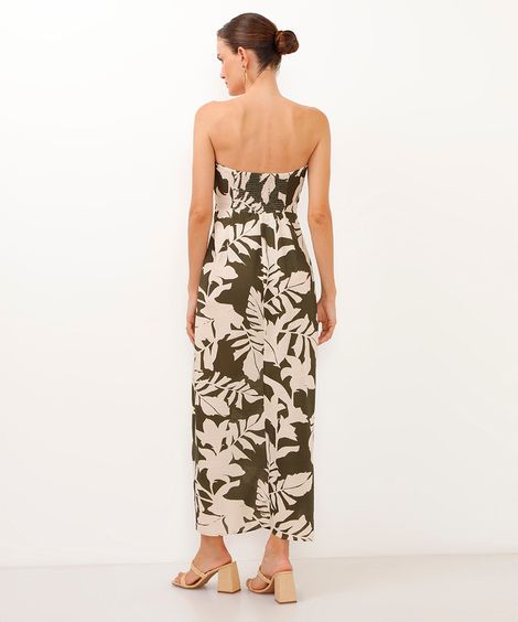 vestido midi de viscose floral sem alça verde militar