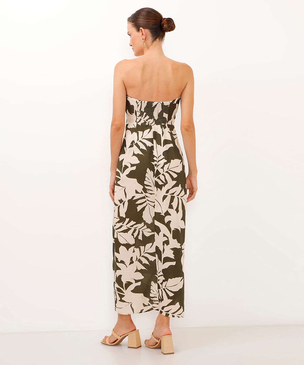 vestido midi de viscose floral sem alça verde militar