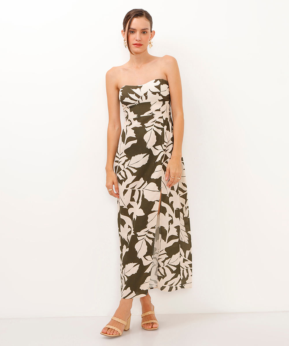 vestido midi de viscose floral sem alça verde militar