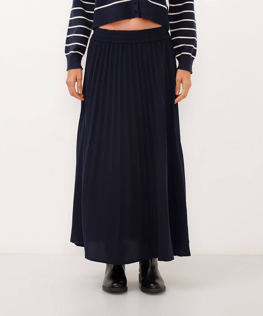 saia midi plissada azul