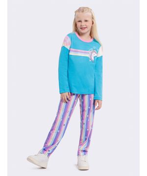 Pijama Manga Longa Infantil Unicórnio Azul