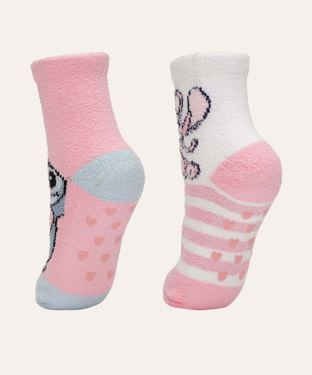 kit de 2 pares de meias infantis lilo stitch antiderrapante rosa