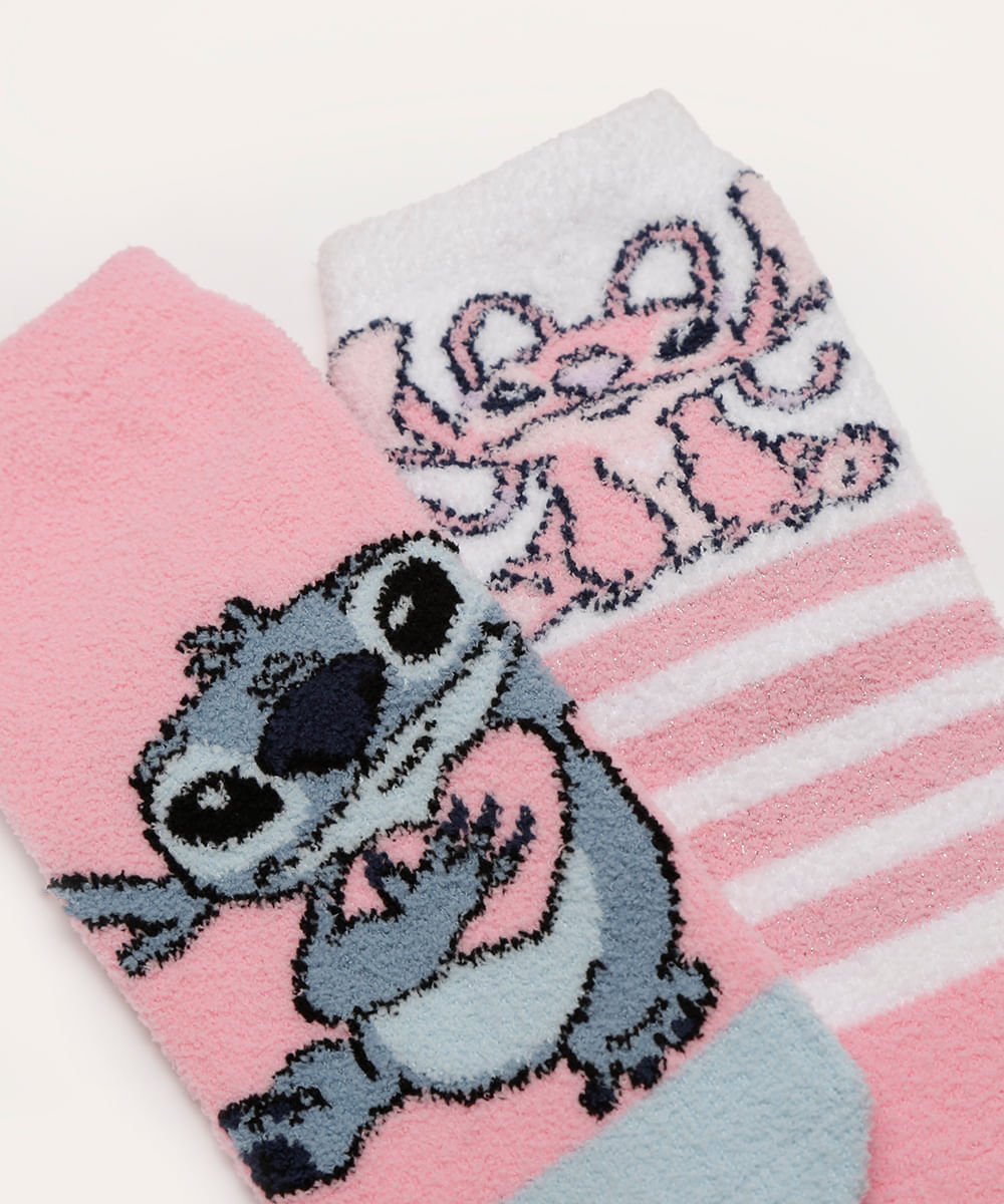 kit de 2 pares de meias infantis lilo stitch antiderrapante rosa