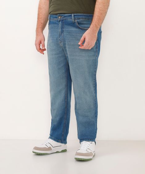 calça jeans reta plus size com bolso azul