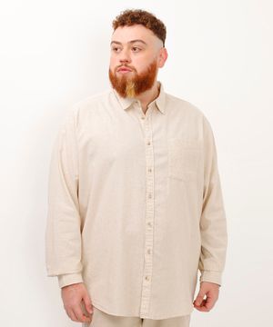 camisa com linho manga longa plus size bege
