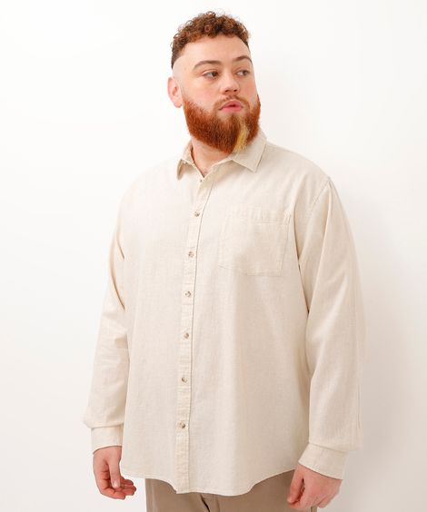 camisa com linho plus size comfort manga longa bege