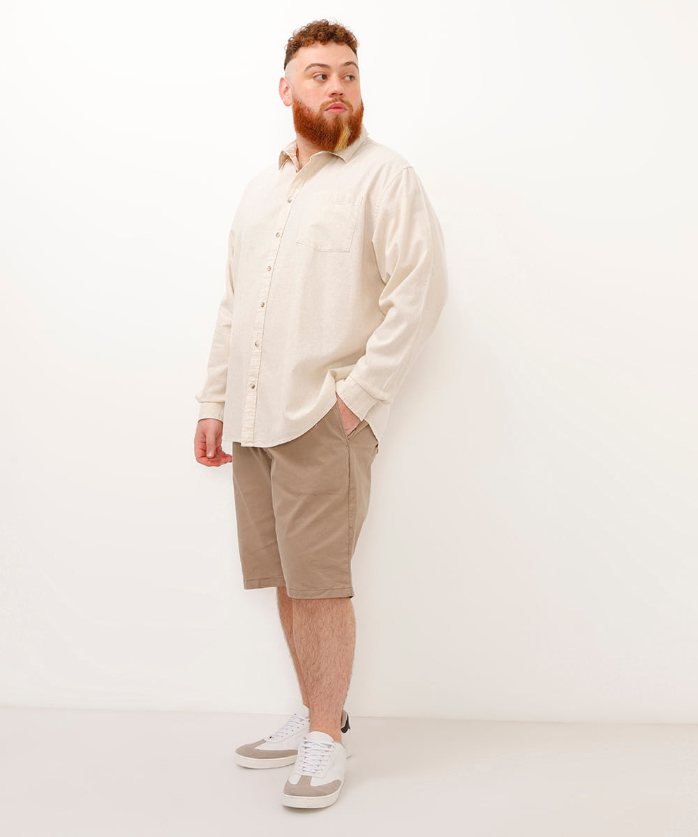 camisa com linho plus size comfort manga longa bege