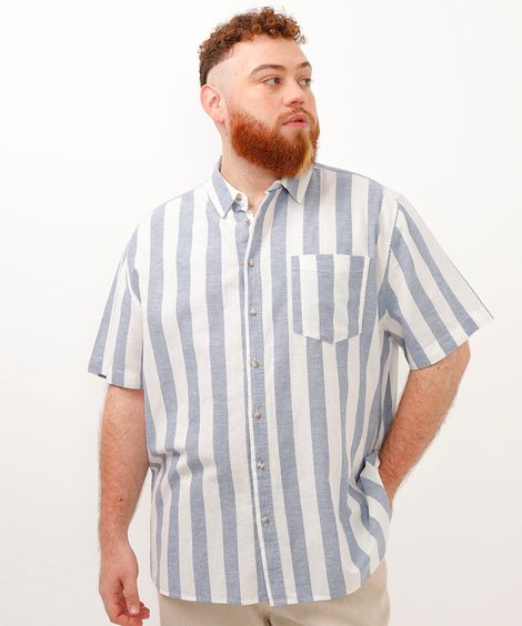 camisa de algodão com linho comfort manga curta plus size azul