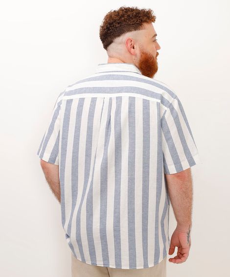 camisa de algodão com linho comfort manga curta plus size azul