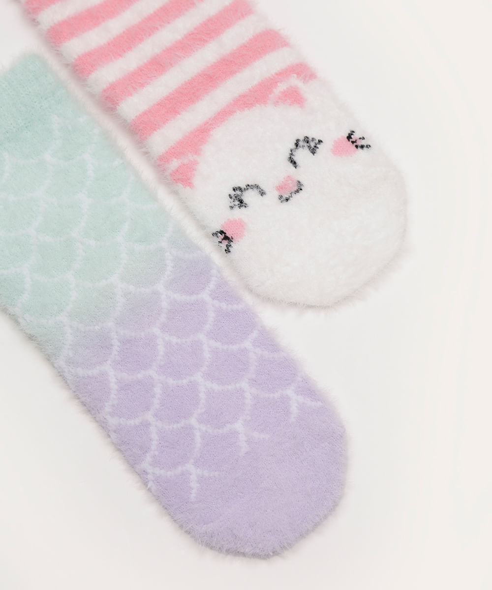 kit de 2 pares de meias infantis gatinha antiderrapante branco