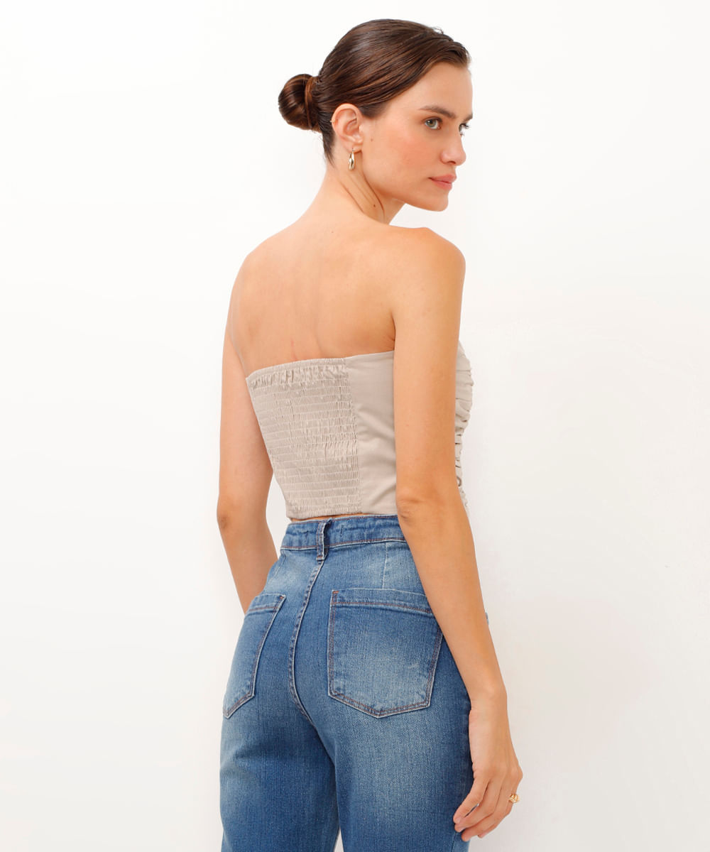 top sem alça drapeado bege