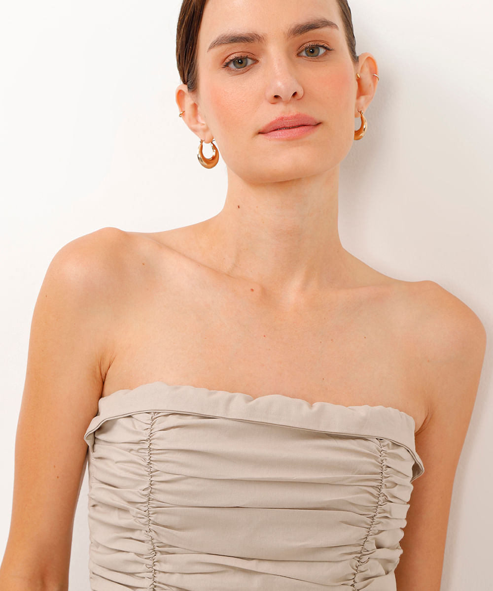 top sem alça drapeado bege