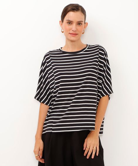 blusa de viscose manga ampla listrada preta