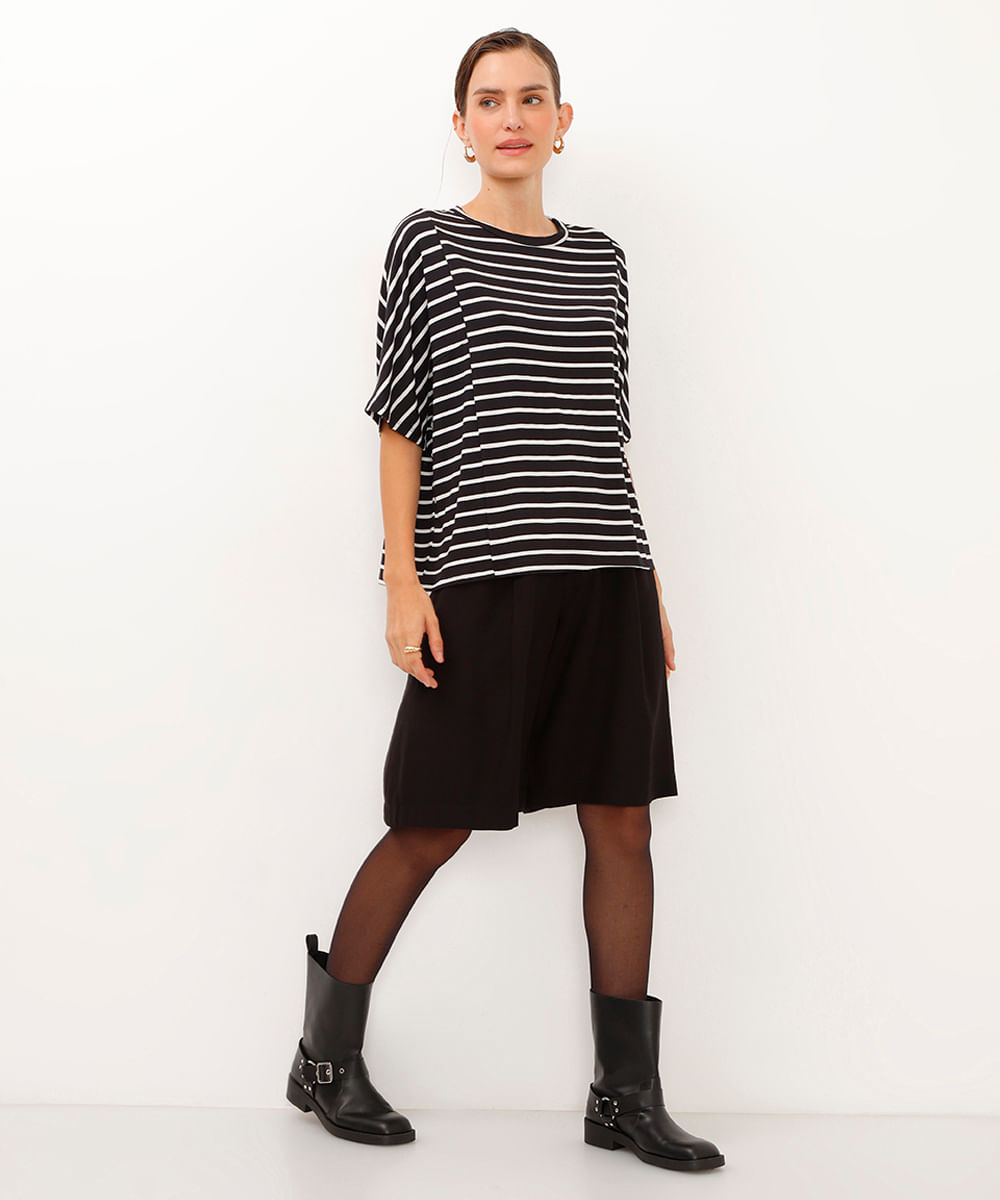 blusa de viscose manga ampla listrada preta