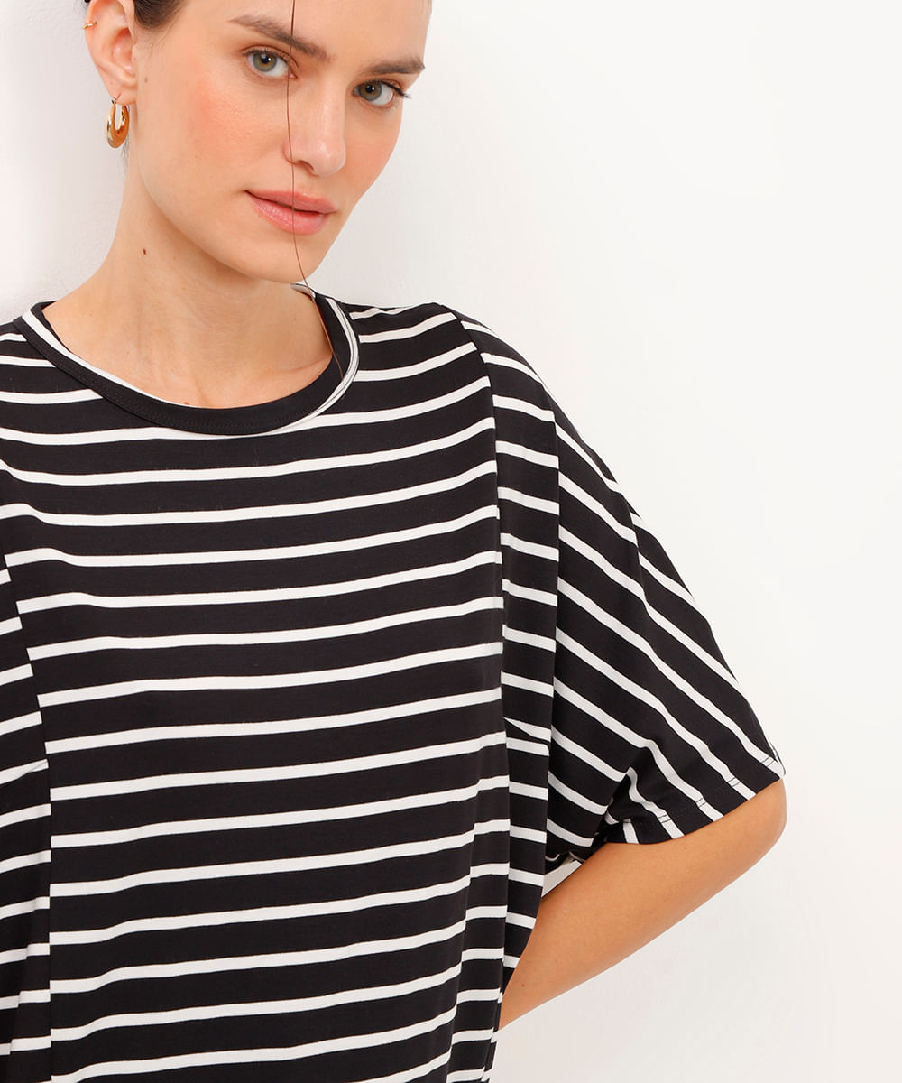 blusa de viscose manga ampla listrada preta