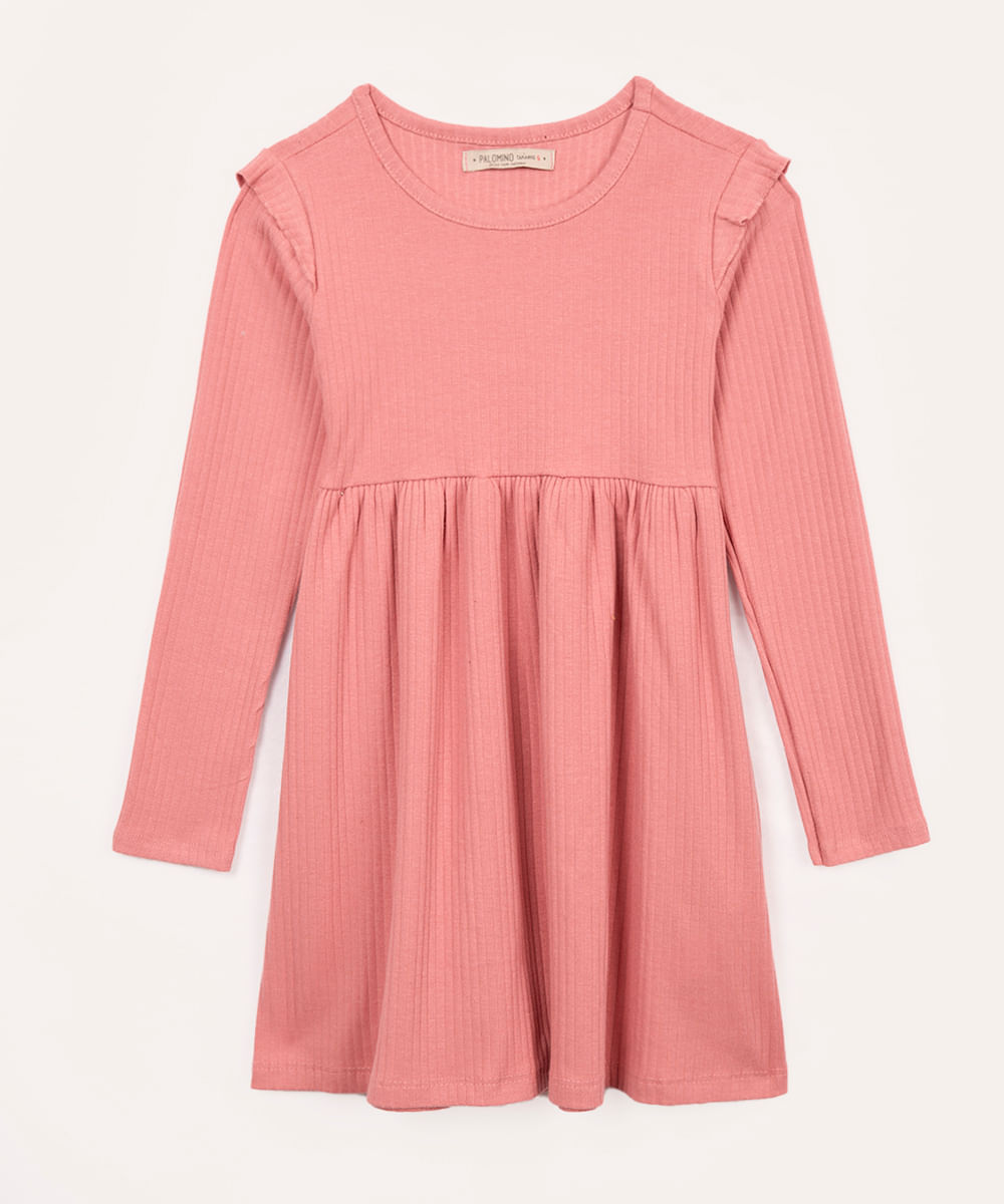 vestido infantil de algodão canelado com babado rosa