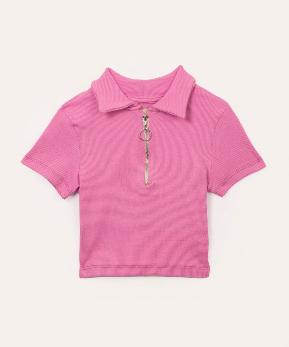 blusa de algodão infantil canelada com zíper rosa