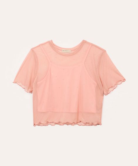 blusa de tule juvenil com brilho manga curta rosa
