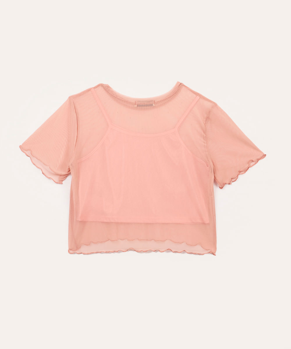 blusa de tule juvenil com brilho manga curta rosa