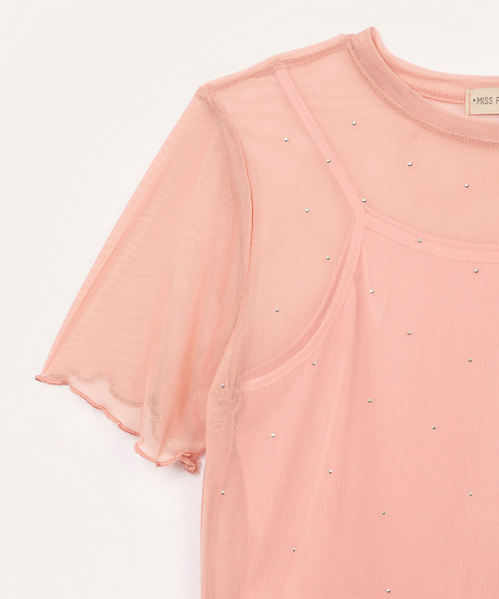 blusa de tule juvenil com brilho manga curta rosa