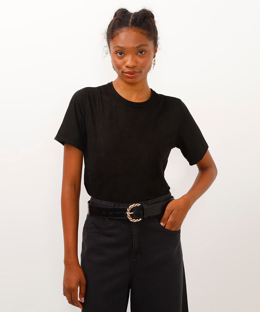 blusa de suede manga curta preta