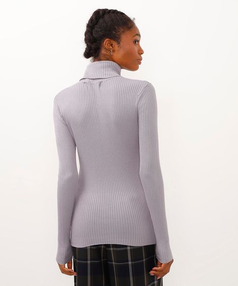 blusa de tricot canelado manga longa gola alta cinza