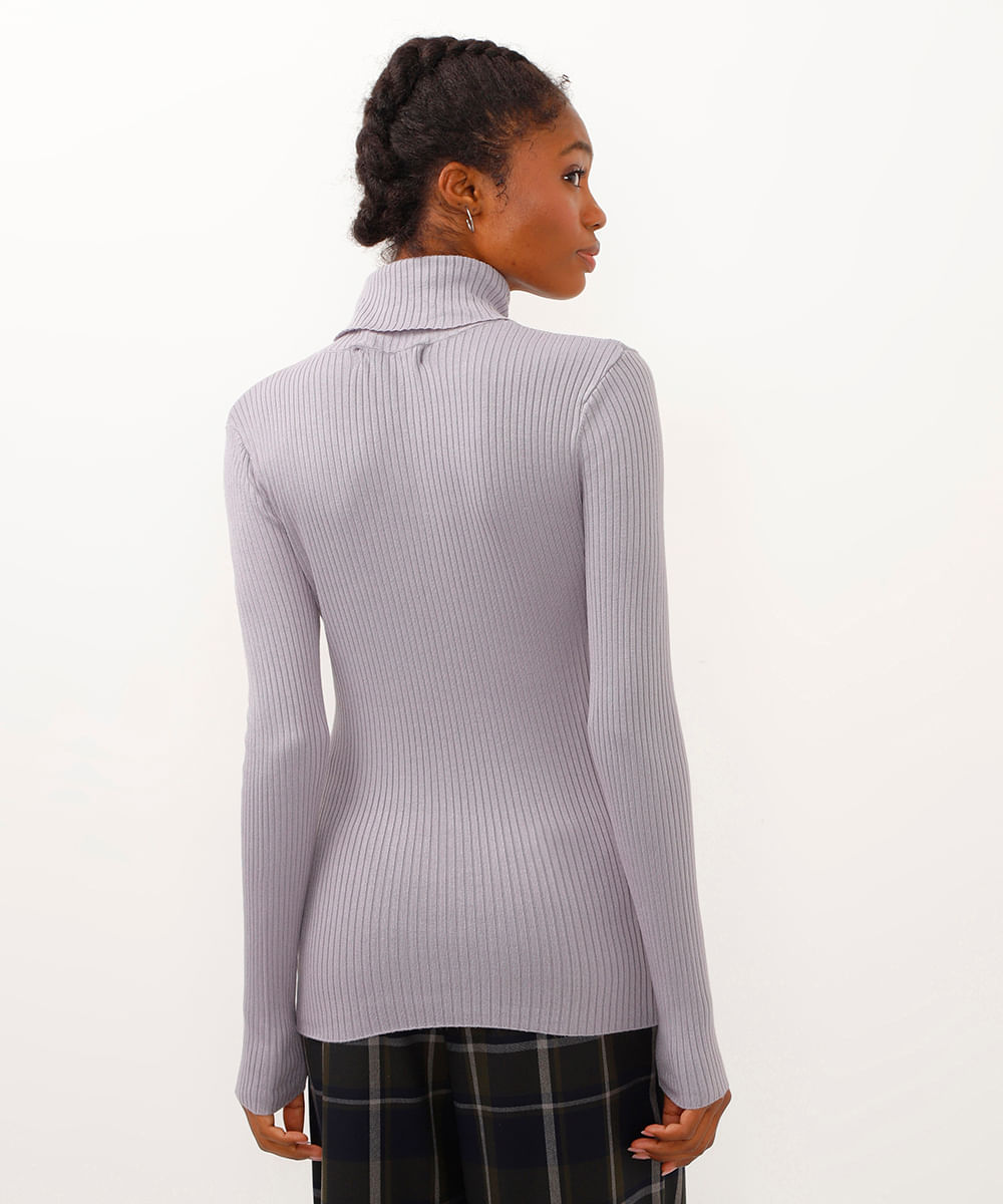 blusa de tricot canelado manga longa gola alta cinza