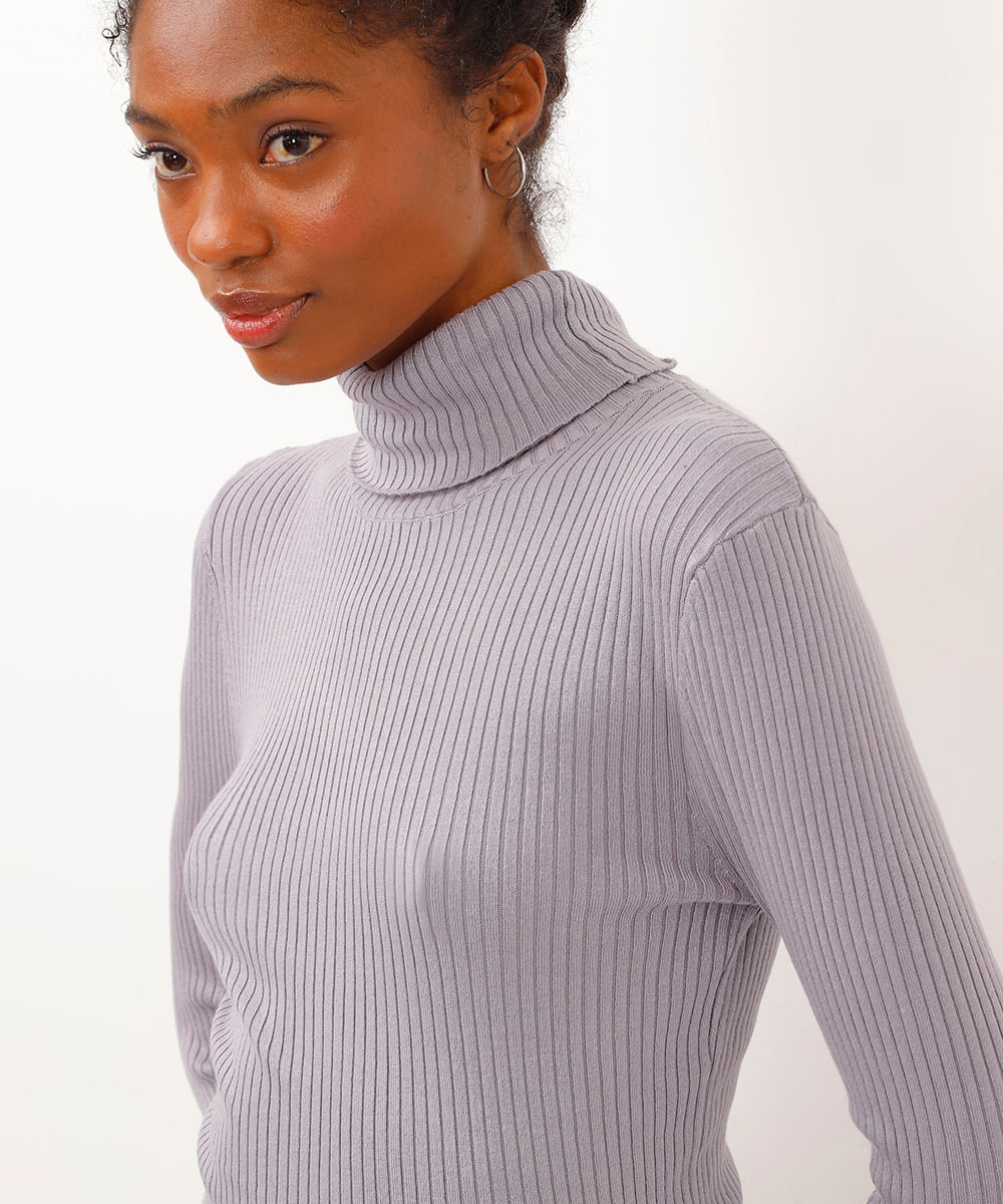 blusa de tricot canelado manga longa gola alta cinza