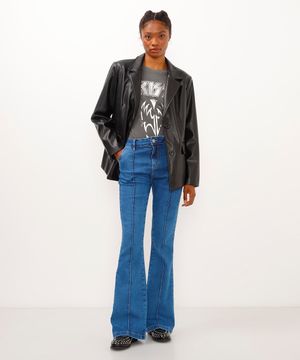 calça jeans flare cintura alta com recortes sawary azul