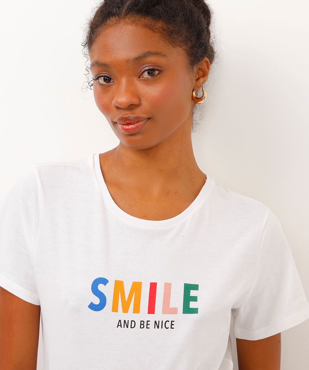 camiseta de algodão manga curta smile off white